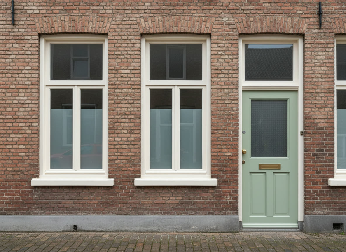 Gevel na het schilderen: crème kozijnen en groene voordeur