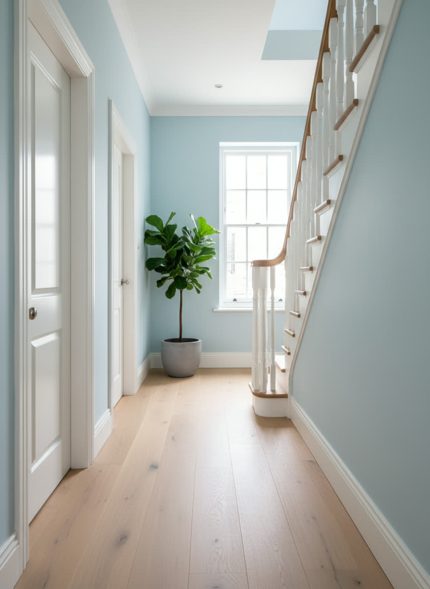 Hal in babyblauw met witte trap